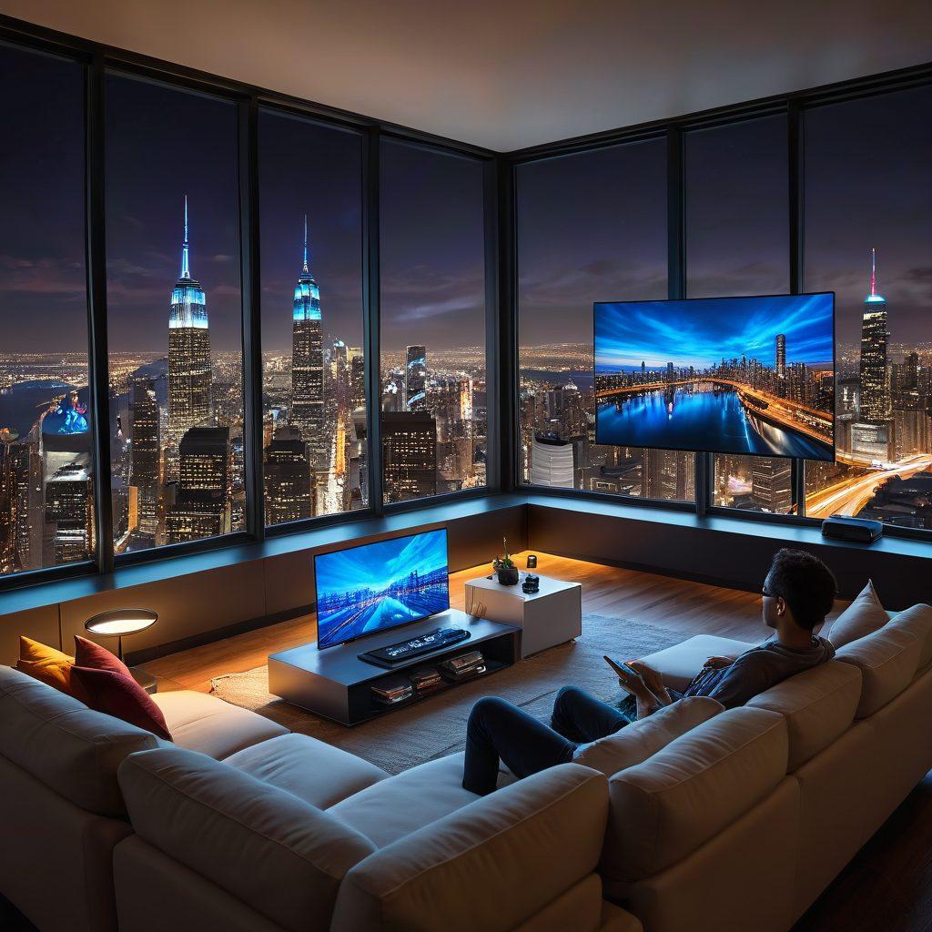 A futuristic living room with multiple large screens showing different streaming platforms, a young adult comfortably watching on a sleek sofa with a remote in hand, surrounded by tech gadgets and a vibrant cityscape outside the window, symbolizing modern digital consumption. super-realistic. vibrant colors. 3D.