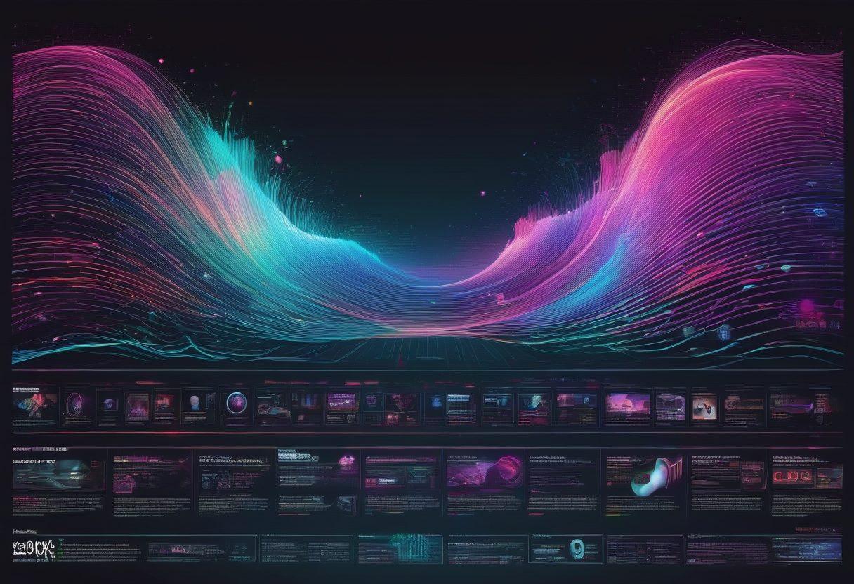 A timeline showing the evolution of online adult entertainment, starting from early pixelated videos to high-definition streams, with iconic technology from each era: CRT monitors, early internet icons, modern streaming platforms and VR headsets. Above the timeline, a stylized digital wave representing the growth of digital adult content. Art style: vector art, vibrant colors, realistic details, clean and modern design.