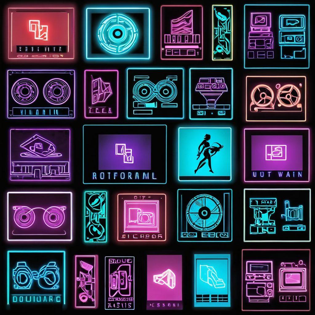 A dynamic collage featuring evolving digital erotic entertainment elements: a mix of short video clips and full-length film screens against a sleek, modern backdrop. Include subtle neon lights representing innovation, alongside classic film reels to highlight evolution. Make it tastefully alluring, ensuring the focus stays on the transition and technology. vector art. vibrant colors.